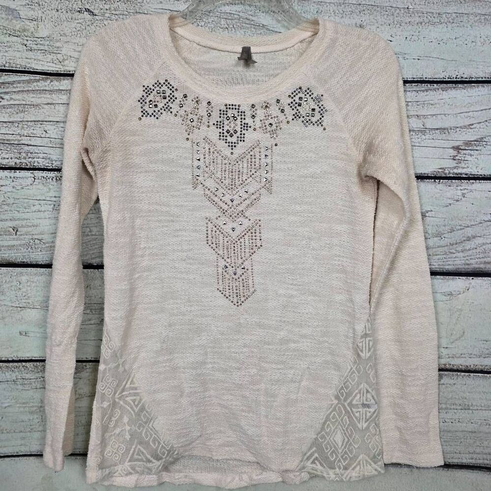 Vanity XS Cream Long Sleeve Embellished Knit Top